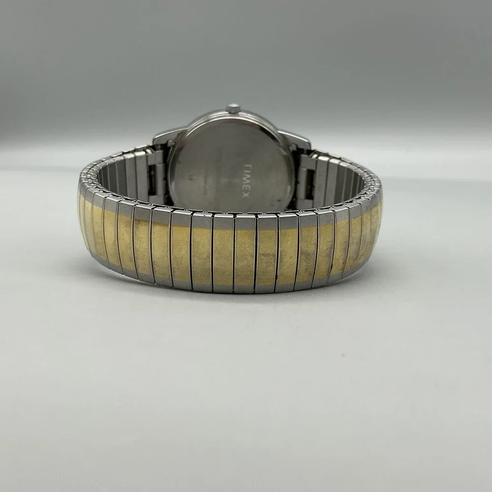 Timex Indiglo Mens Watch 35mm White Dial Two Tone Stretch Band New Battery